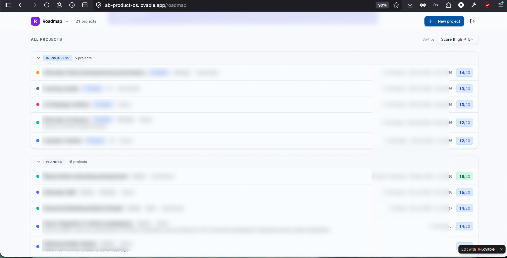 Roadmap — scored project list, grouped by status